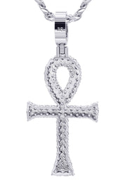 White Gold Plated Cuban Link Chain & Ankh Pendant | Appx. 15.1 Grams