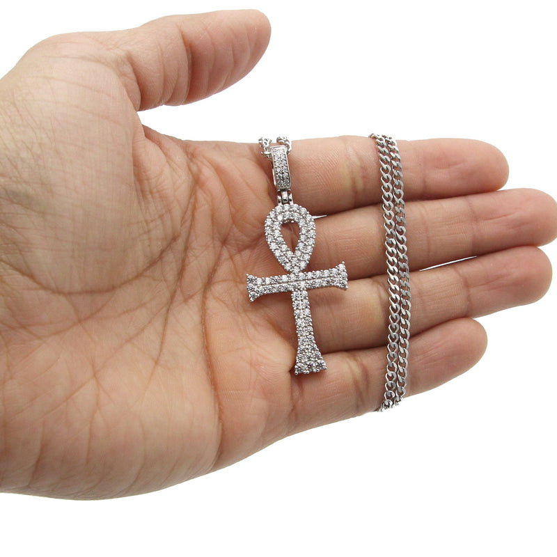 White Gold Plated Cuban Link Chain & Ankh Pendant | Appx. 15.1 Grams
