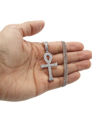 White Gold Plated Cuban Link Chain & Ankh Pendant | Appx. 15.1 Grams