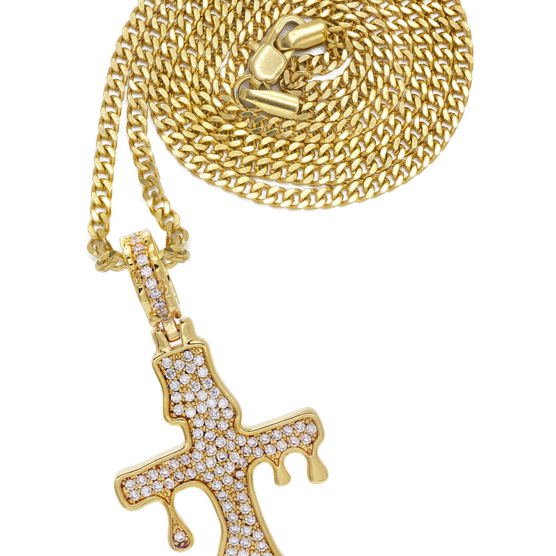 Gold Plated Cuban Link Chain & Melting Cross Pendant | Appx. 10.9 Grams