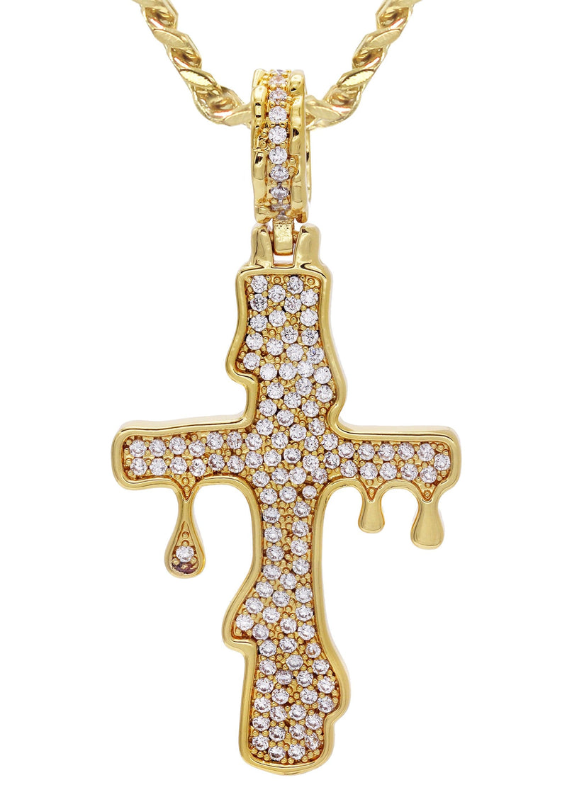 Gold Plated Cuban Link Chain & Melting Cross Pendant | Appx. 10.9 Grams