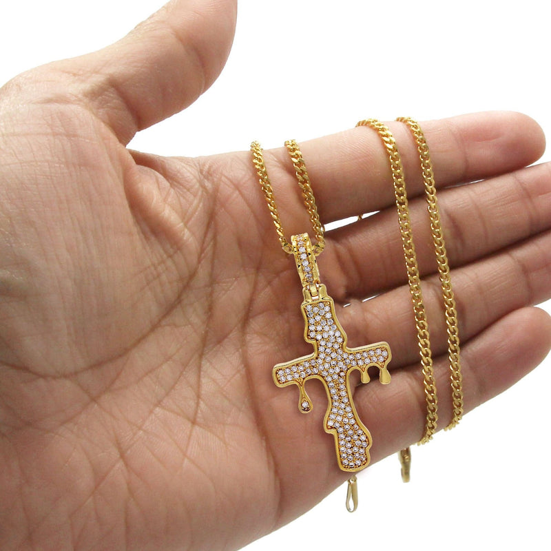 Gold Plated Cuban Link Chain & Melting Cross Pendant | Appx. 10.9 Grams