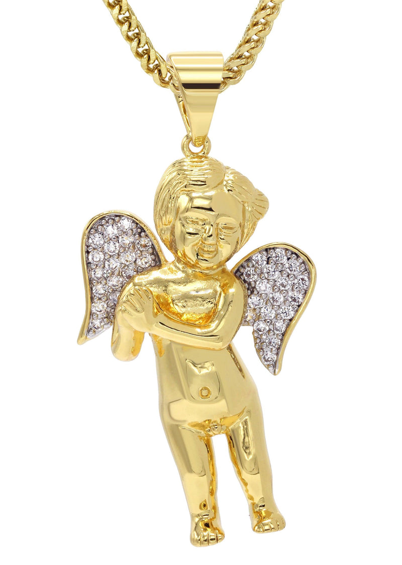 Mens Gold Plated Franco Chain & Angel Pendant | Appx. 19.4 Grams