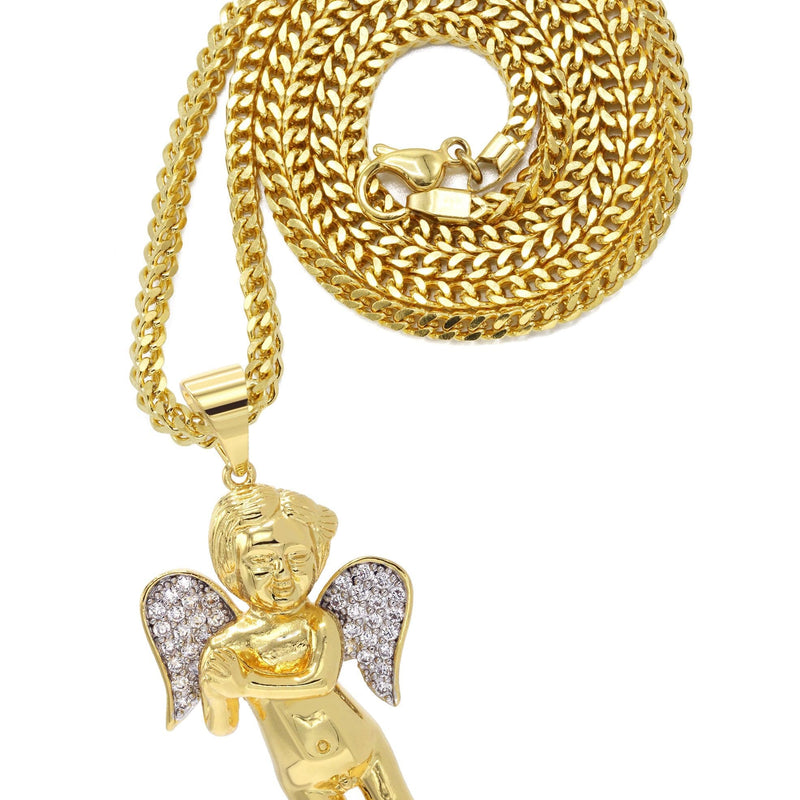 Mens Gold Plated Franco Chain & Angel Pendant | Appx. 19.4 Grams
