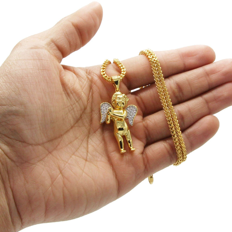 Mens Gold Plated Franco Chain & Angel Pendant | Appx. 19.4 Grams