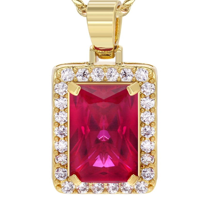 Mens Gold Plated Cuban Link Chain & Ruby Pendant | Appx. 14 Grams
