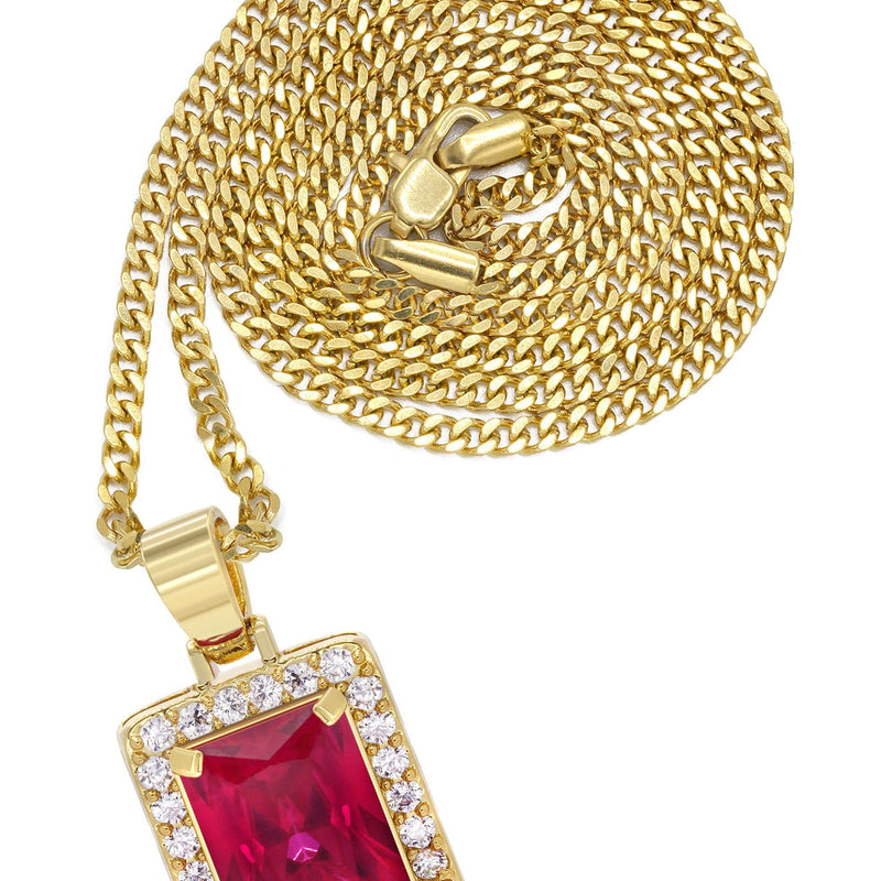 Mens Gold Plated Cuban Link Chain & Ruby Pendant | Appx. 14 Grams