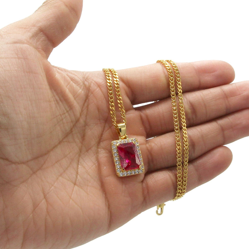 Mens Gold Plated Cuban Link Chain & Ruby Pendant | Appx. 14 Grams