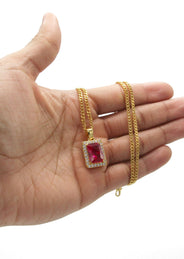 Mens Gold Plated Cuban Link Chain & Ruby Pendant | Appx. 14 Grams