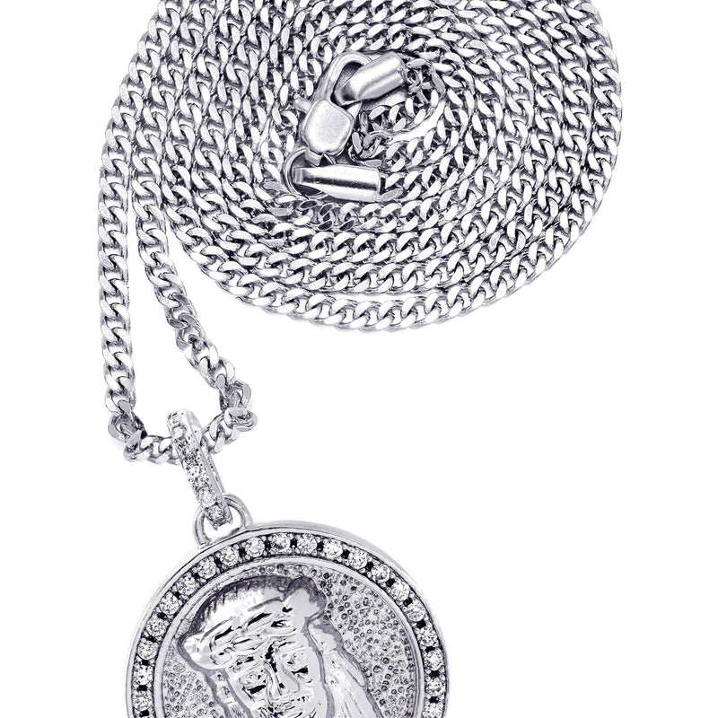 White Gold Plated Cuban Link Chain & Jesus Head Pendant | Appx. 15.8 Grams