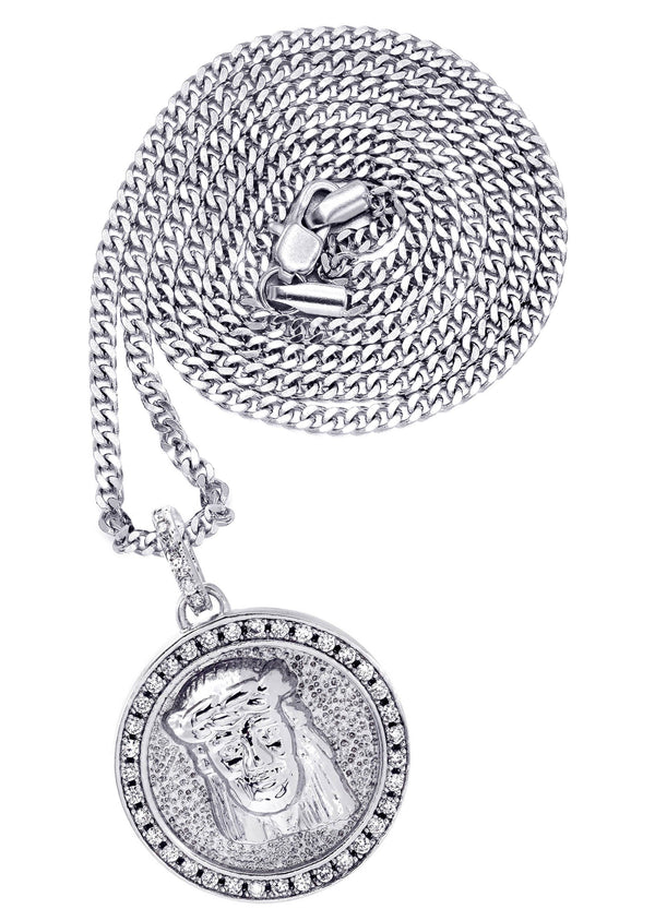 White Gold Plated Cuban Link Chain & Jesus Head Pendant | Appx. 15.8 Grams