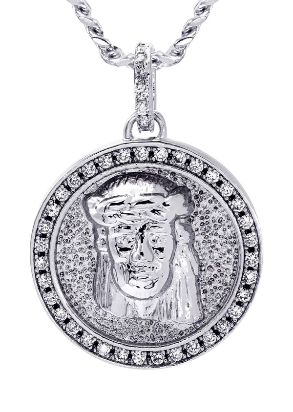 White Gold Plated Cuban Link Chain & Jesus Head Pendant | Appx. 15.8 Grams