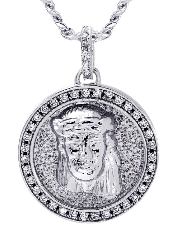 White Gold Plated Cuban Link Chain & Jesus Head Pendant | Appx. 15.8 Grams