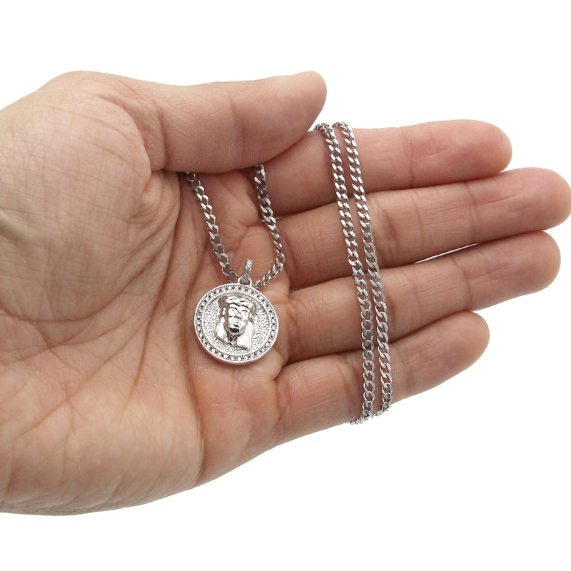 White Gold Plated Cuban Link Chain & Jesus Head Pendant | Appx. 15.8 Grams