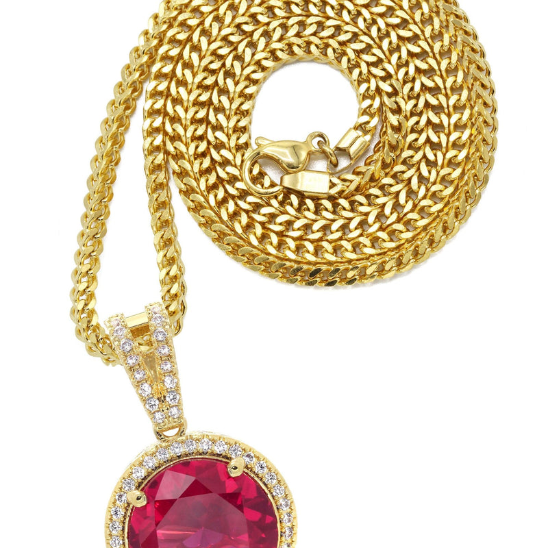 Mens Gold Plated Franco Chain & Ruby Pendant | Appx. 15.4 Grams