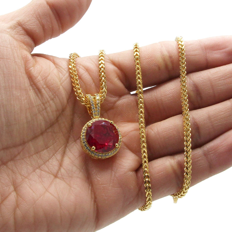 Mens Gold Plated Franco Chain & Ruby Pendant | Appx. 15.4 Grams