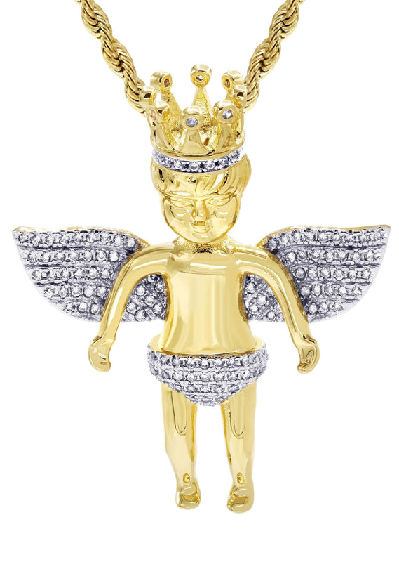 Mens Gold Plated Rope Chain & Angel Pendant | Appx. 16.3 Grams