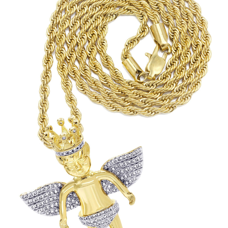 Mens Gold Plated Rope Chain & Angel Pendant | Appx. 16.3 Grams
