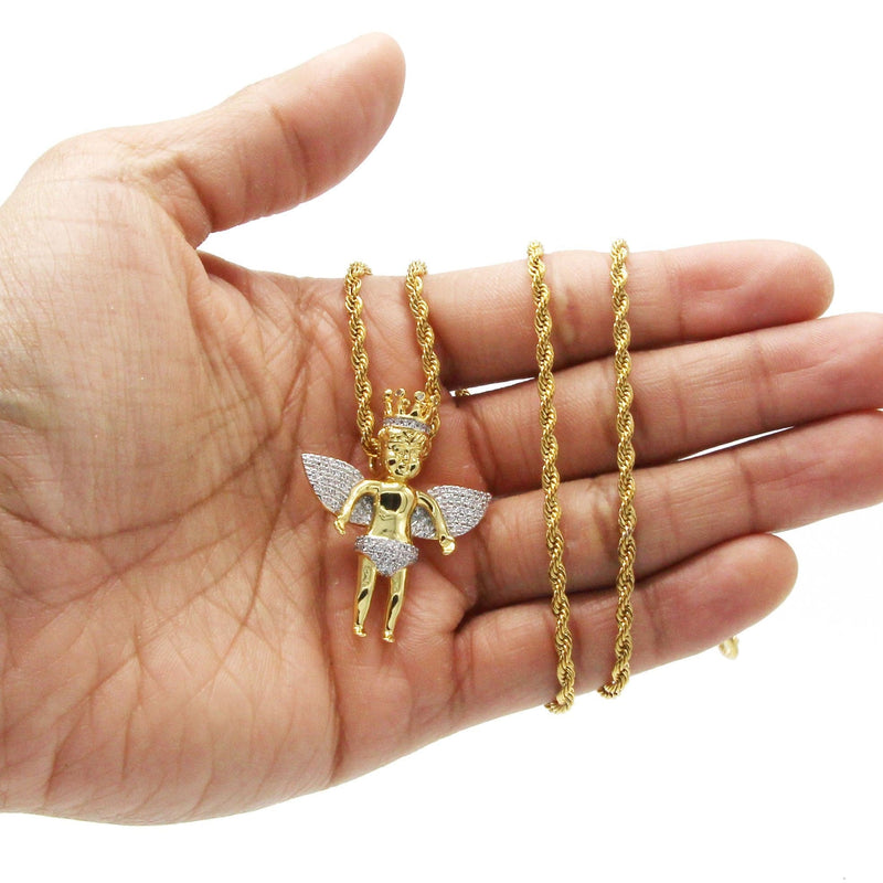 Mens Gold Plated Rope Chain & Angel Pendant | Appx. 16.3 Grams