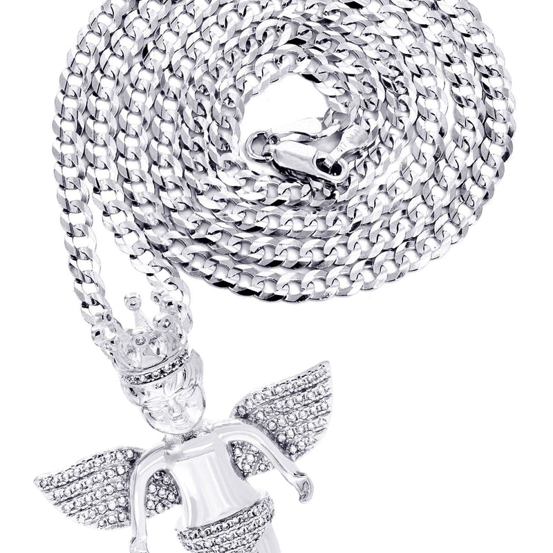 White Gold Plated Cuban Link Chain & Angel Pendant | Appx. 16.3 Grams