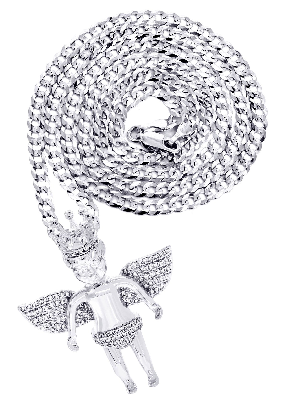 White Gold Plated Cuban Link Chain & Angel Pendant | Appx. 16.3 Grams
