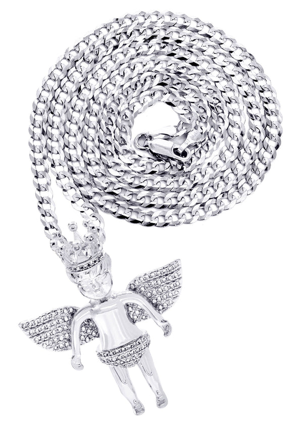 White Gold Plated Cuban Link Chain & Angel Pendant | Appx. 16.3 Grams