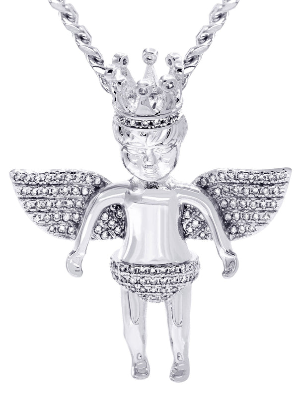 White Gold Plated Cuban Link Chain & Angel Pendant | Appx. 16.3 Grams