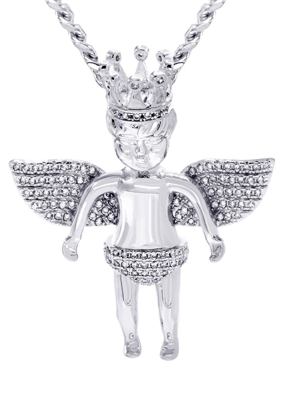 White Gold Plated Cuban Link Chain & Angel Pendant | Appx. 16.3 Grams