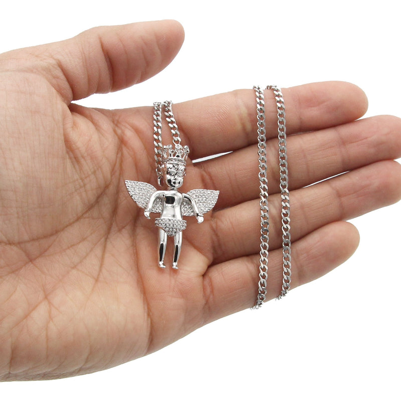 White Gold Plated Cuban Link Chain & Angel Pendant | Appx. 16.3 Grams