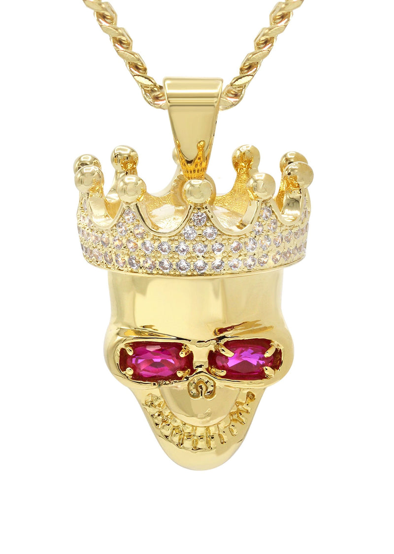 Mens Gold Plated Cuban Link Chain & Skull Pendant | Appx. 21 Grams