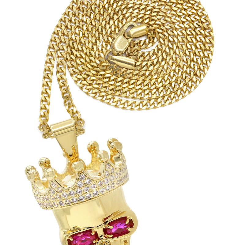 Mens Gold Plated Cuban Link Chain & Skull Pendant | Appx. 21 Grams