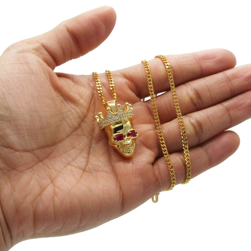 Mens Gold Plated Cuban Link Chain & Skull Pendant | Appx. 21 Grams