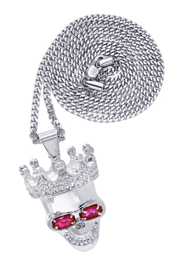 White Gold Plated Cuban Link Chain & Skull Pendant | Appx. 21 Grams