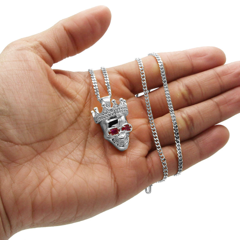 White Gold Plated Cuban Link Chain & Skull Pendant | Appx. 21 Grams
