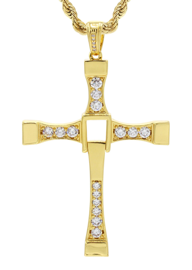 Mens Gold Plated Rope Chain & Cross Pendant | Appx. 26.7 Grams