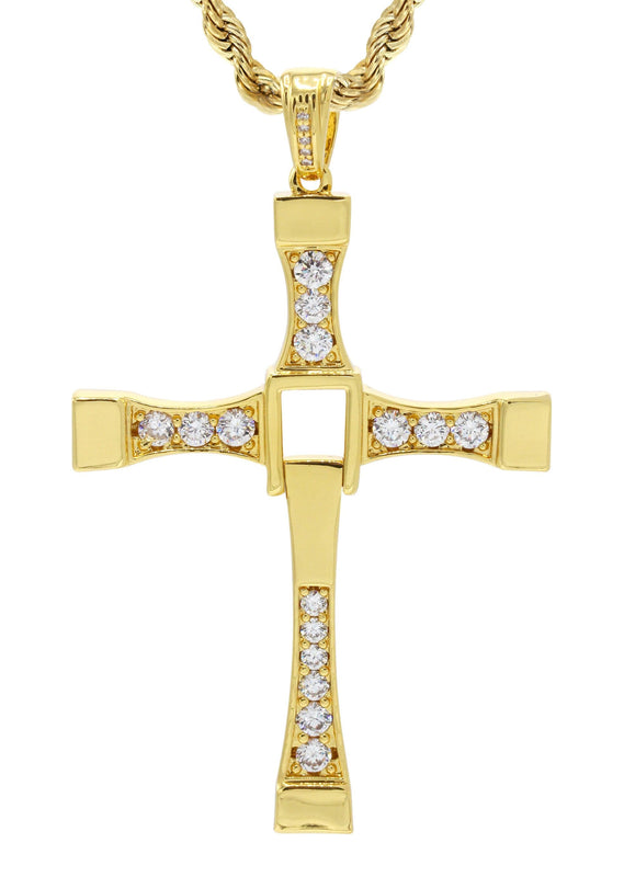 Mens Gold Plated Rope Chain & Cross Pendant | Appx. 26.7 Grams