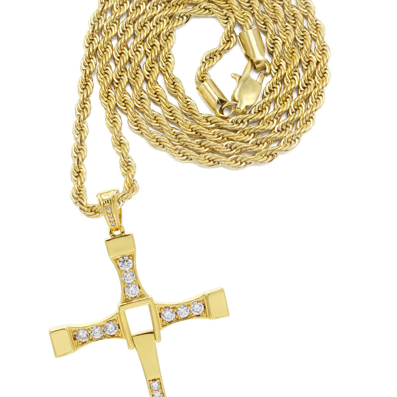 Mens Gold Plated Rope Chain & Cross Pendant | Appx. 26.7 Grams