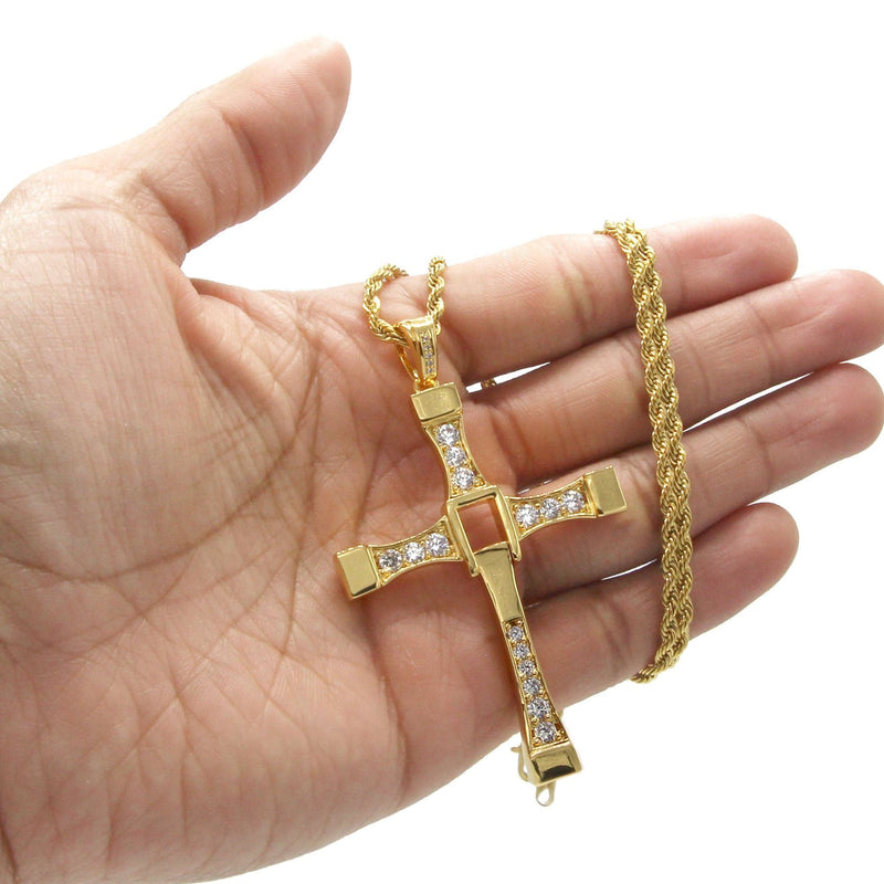 Mens Gold Plated Rope Chain & Cross Pendant | Appx. 26.7 Grams