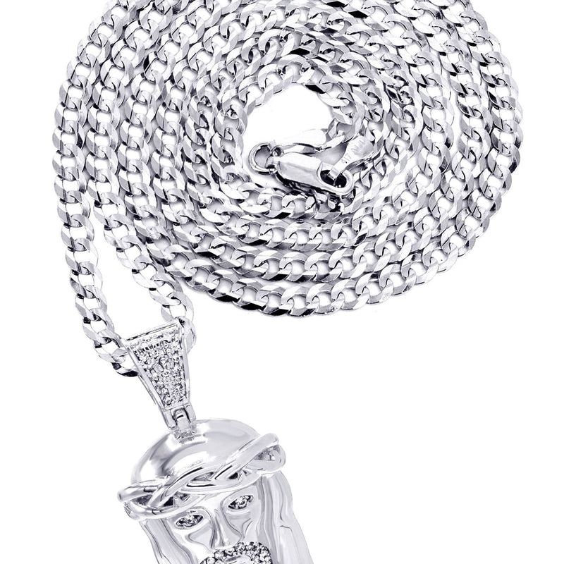 White Gold Plated Cuban Link Chain & Jesus Head Pendant | Appx. 20.1 Grams