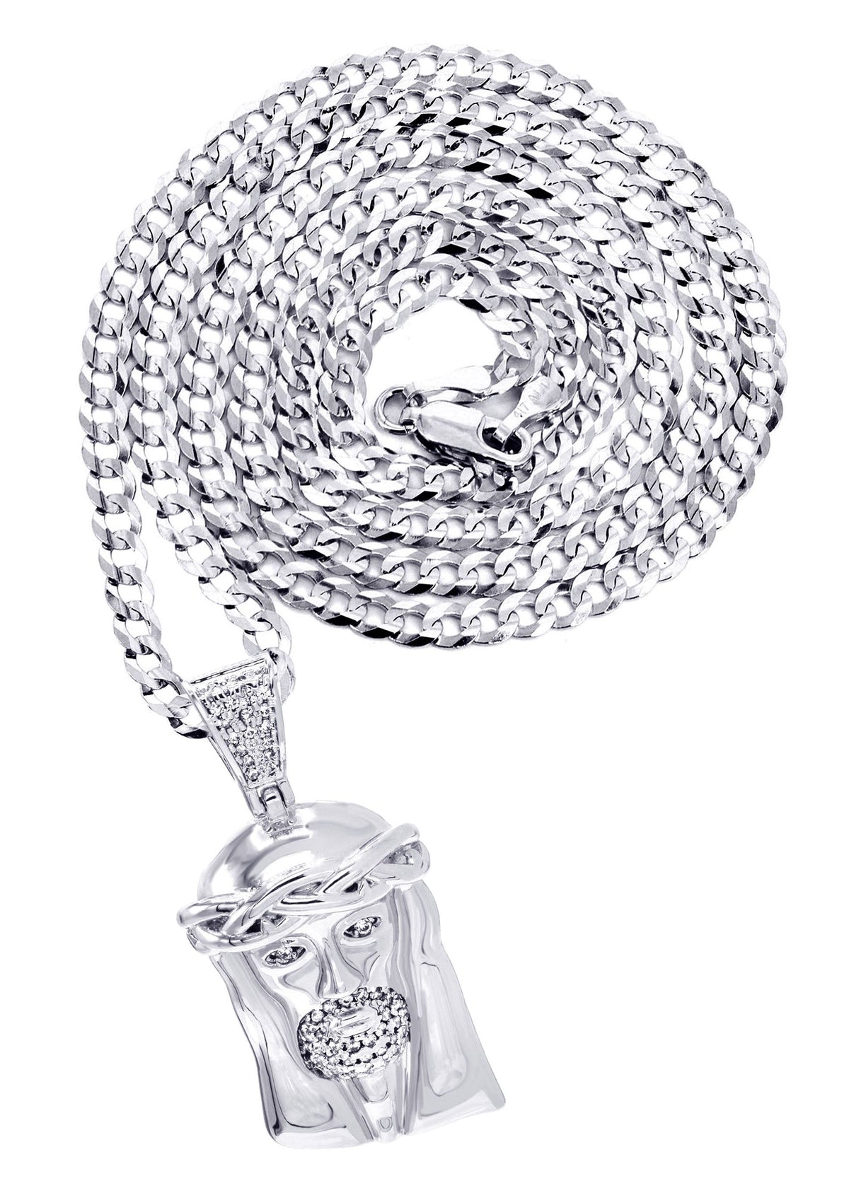 White Gold Plated Cuban Link Chain & Jesus Head Pendant | Appx. 20.1 Grams