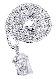 White Gold Plated Cuban Link Chain & Jesus Head Pendant | Appx. 20.1 Grams