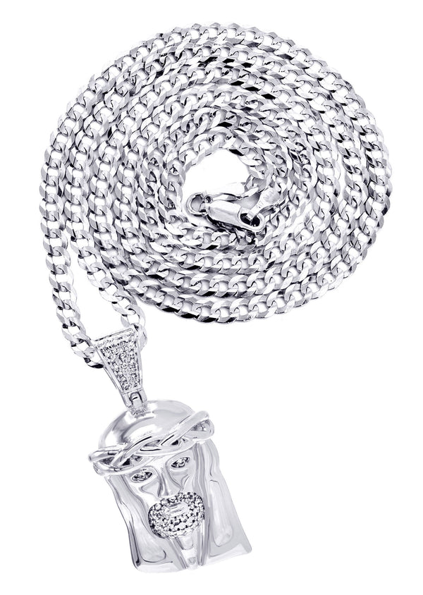 White Gold Plated Cuban Link Chain & Jesus Head Pendant | Appx. 20.1 Grams