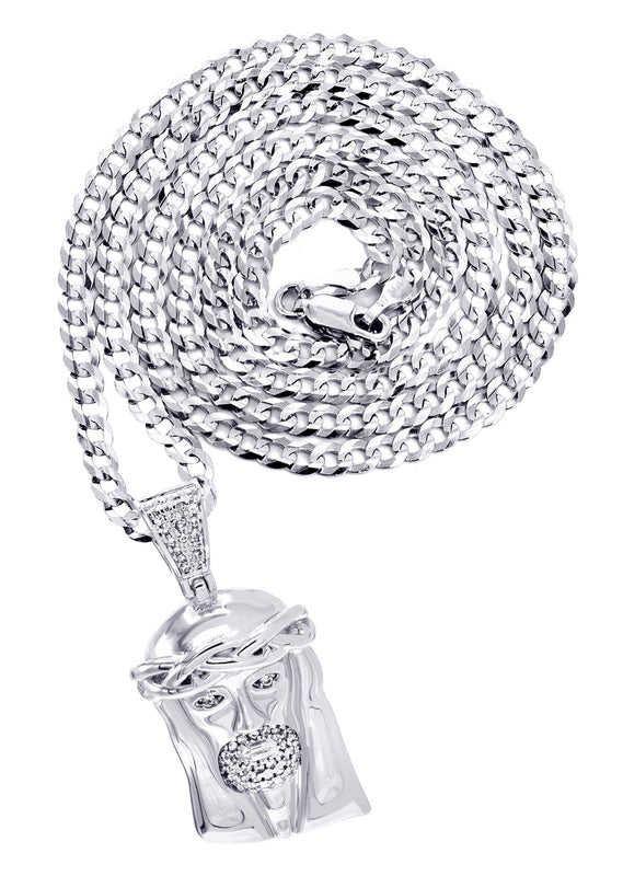 White Gold Plated Cuban Link Chain & Jesus Head Pendant | Appx. 20.1 Grams