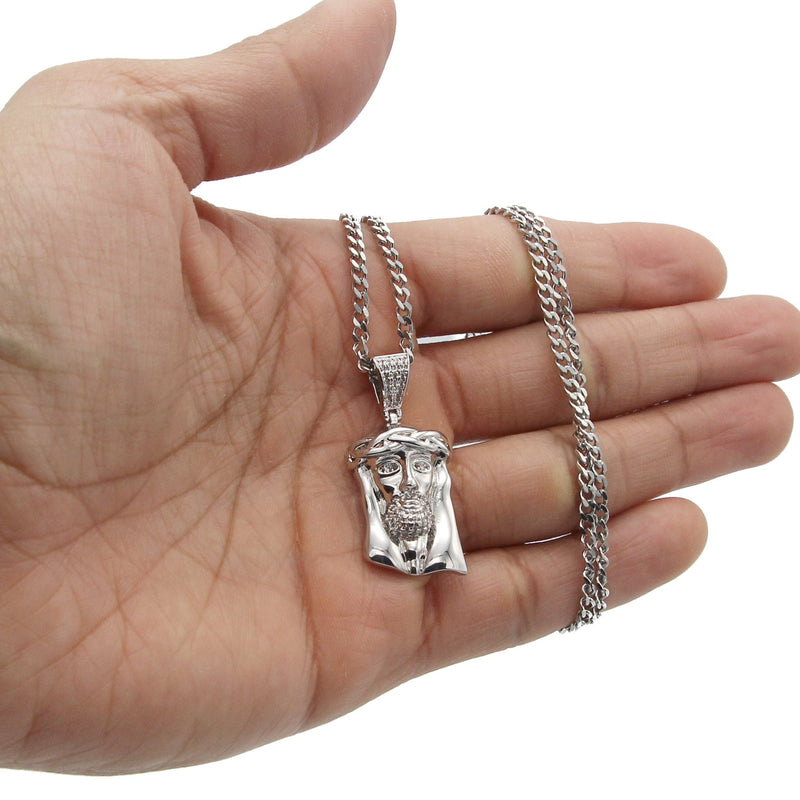 White Gold Plated Cuban Link Chain & Jesus Head Pendant | Appx. 20.1 Grams