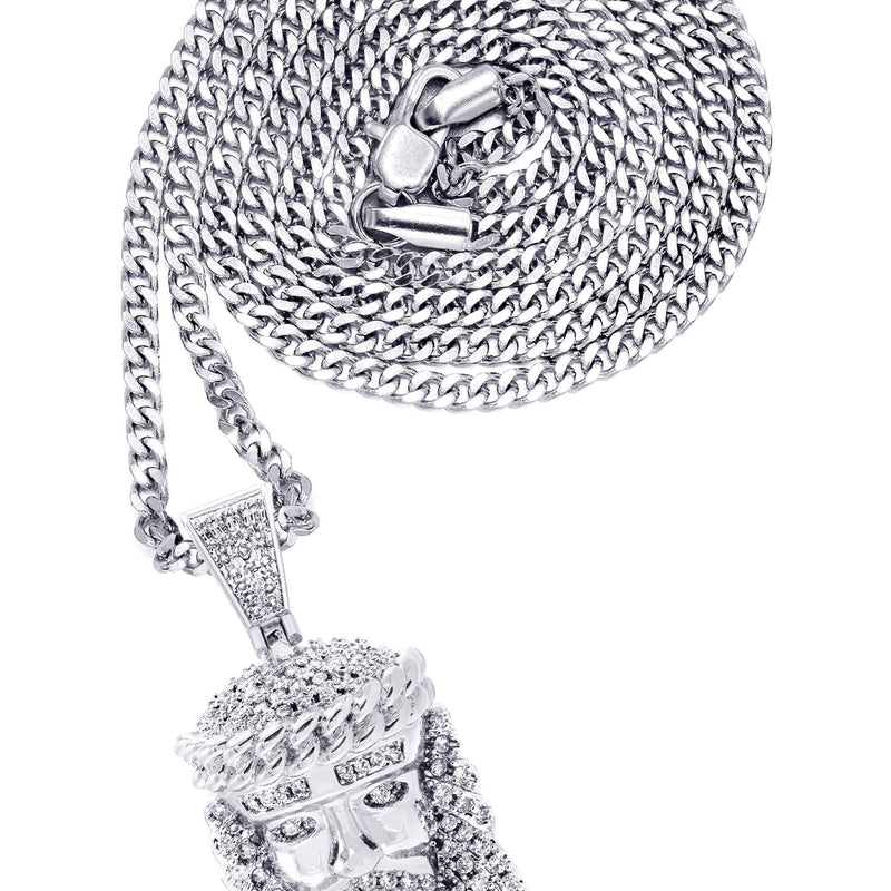 White Gold Plated Cuban Link Chain & Jesus Head Pendant | Appx. 22.7 Grams