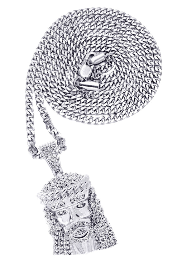 White Gold Plated Cuban Link Chain & Jesus Head Pendant | Appx. 22.7 Grams