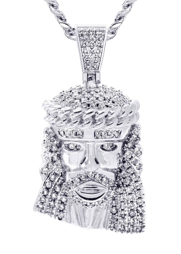 White Gold Plated Cuban Link Chain & Jesus Head Pendant | Appx. 22.7 Grams