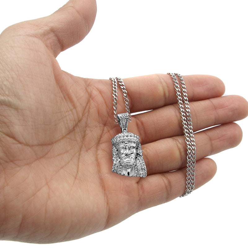 White Gold Plated Cuban Link Chain & Jesus Head Pendant | Appx. 22.7 Grams