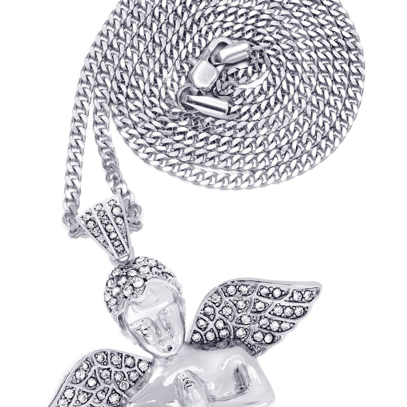 White Gold Plated Cuban Link Chain & Angel Pendant | Appx. 19.4 Grams