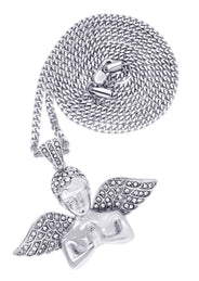 White Gold Plated Cuban Link Chain & Angel Pendant | Appx. 19.4 Grams
